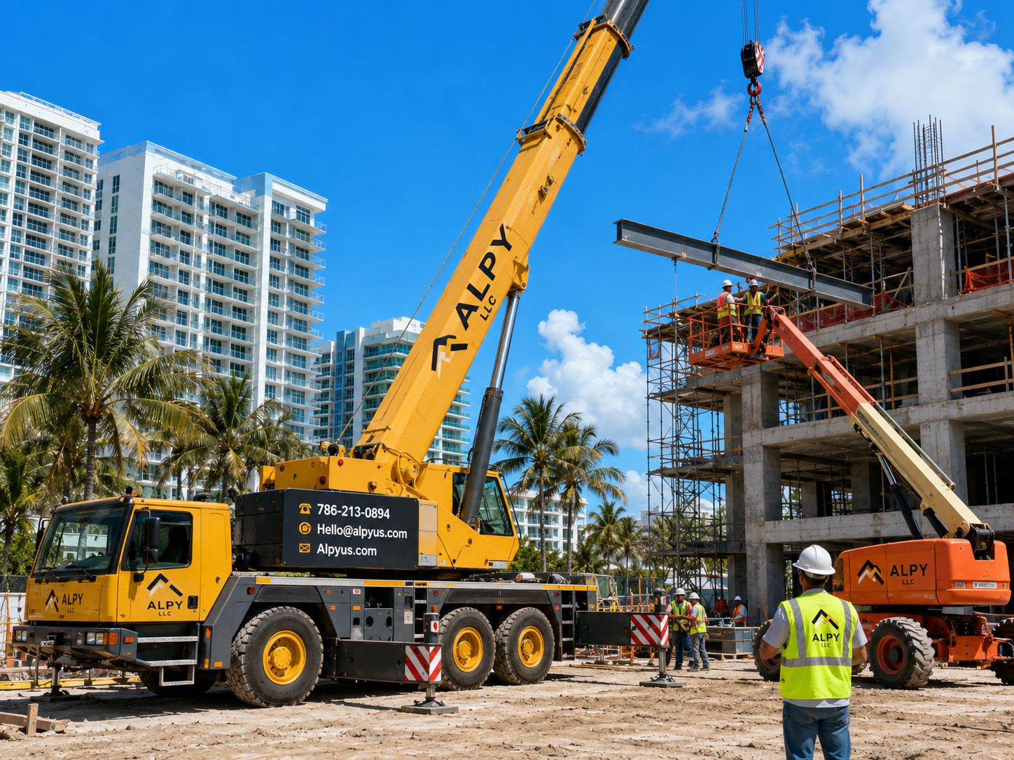 ALPY mobile crane lifting a steel beam on a Miami high-rise build