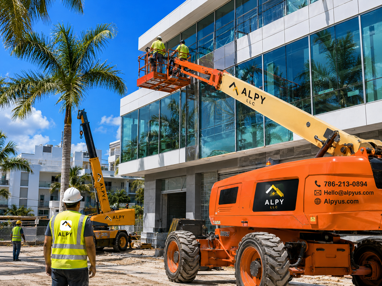 ALPY telescopic boom lift positioning crew on a glass facade