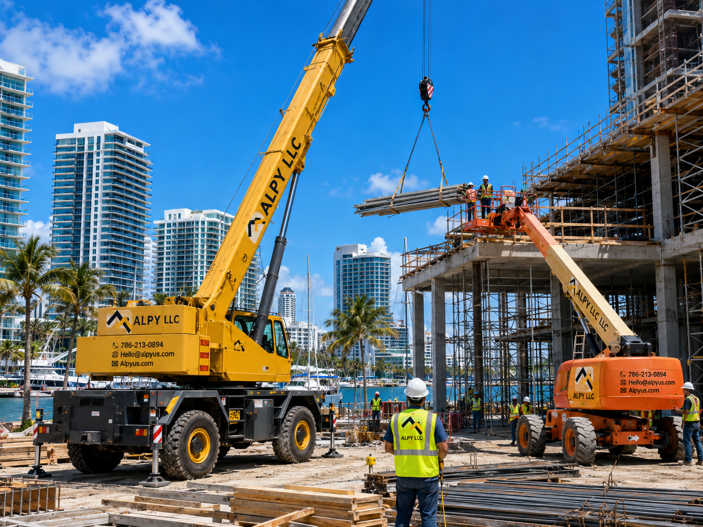 ALPY rough terrain crane setting steel on a waterfront Miami tower