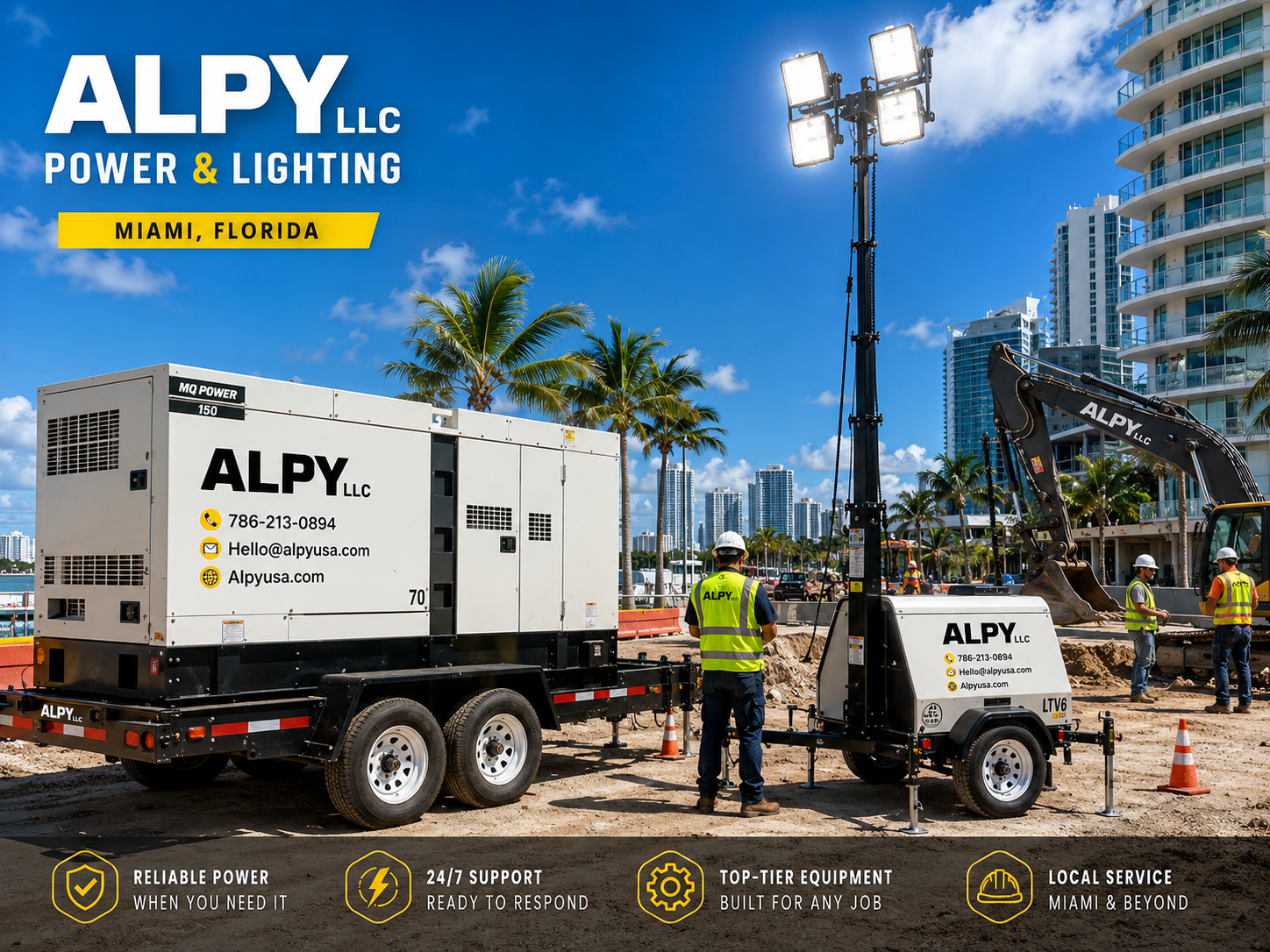ALPY generators and light tower on a Miami job site